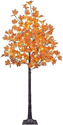 A vibrant 6ft artificial maple tree with warm LED lights and orange leaves.